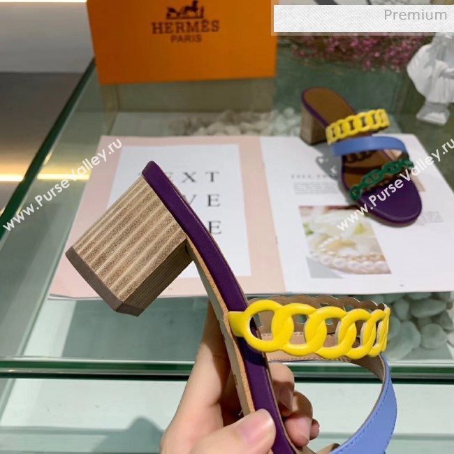 Hermes Leather &quot;Chaine dAncre&quot; Straps Ajaccio Sandal With 5cm Heel Purple/Yellow/Green 2020 (ME-20042073)