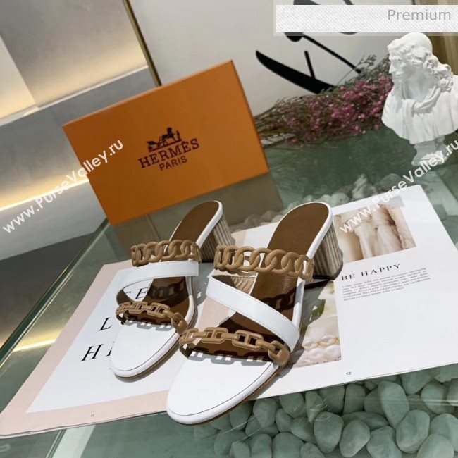 Hermes Leather &quot;Chaine dAncre&quot; Straps Ajaccio Sandal With 5cm Heel White/Brown 2020 (ME-20042074)