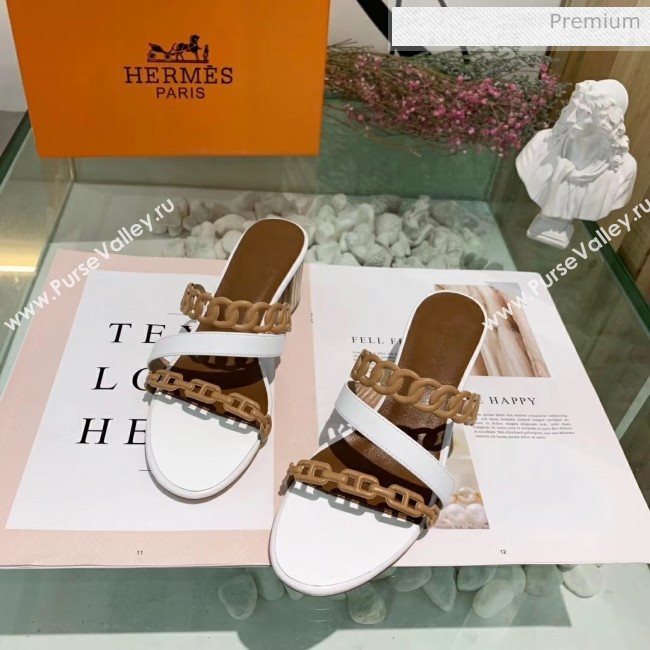 Hermes Leather &quot;Chaine dAncre&quot; Straps Ajaccio Sandal With 5cm Heel White/Brown 2020 (ME-20042074)