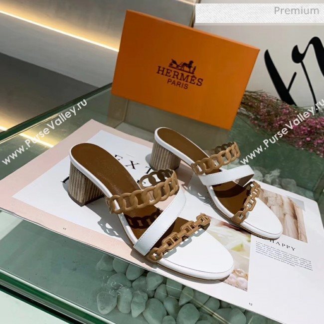 Hermes Leather &quot;Chaine dAncre&quot; Straps Ajaccio Sandal With 5cm Heel White/Brown 2020 (ME-20042074)