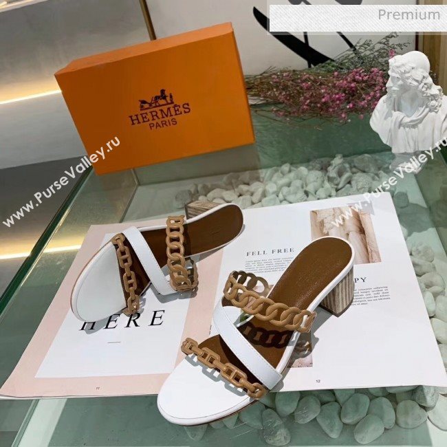 Hermes Leather &quot;Chaine dAncre&quot; Straps Ajaccio Sandal With 5cm Heel White/Brown 2020 (ME-20042074)