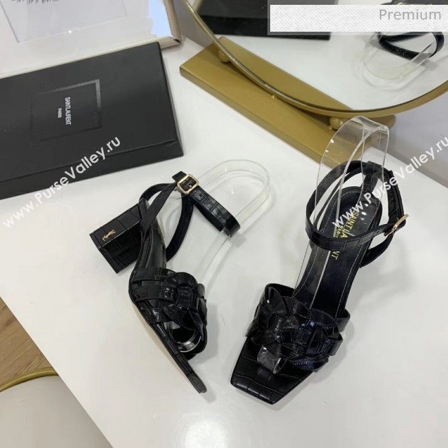 Saint Laurent Crocodile Print Calfskin Sandal With 6.5cm Heel Black 2020 (ME-20042011)