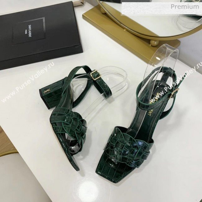 Saint Laurent Crocodile Print Calfskin Sandal With 6.5cm Heel Green 2020 (ME-20042012)