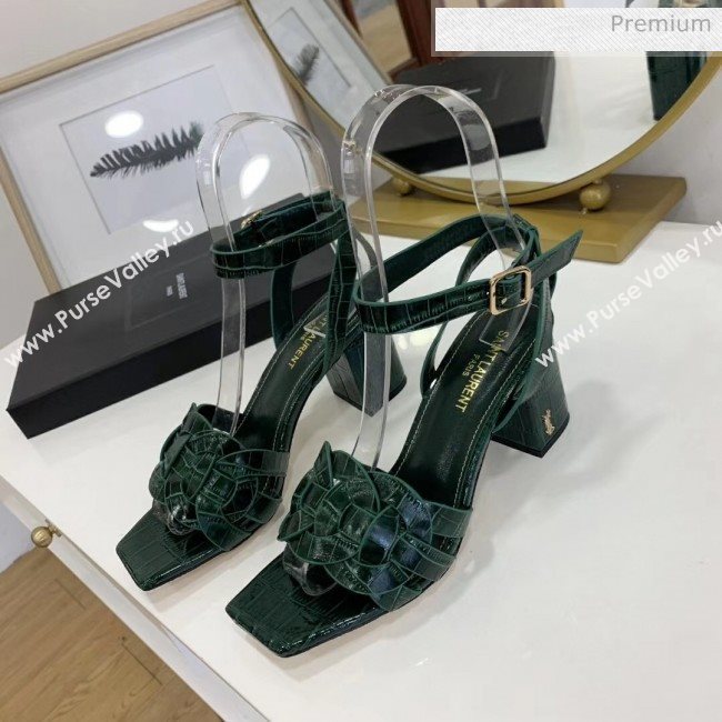 Saint Laurent Crocodile Print Calfskin Sandal With 6.5cm Heel Green 2020 (ME-20042012)