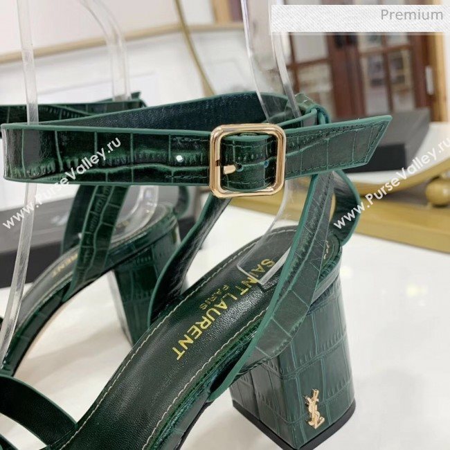 Saint Laurent Crocodile Print Calfskin Sandal With 6.5cm Heel Green 2020 (ME-20042012)