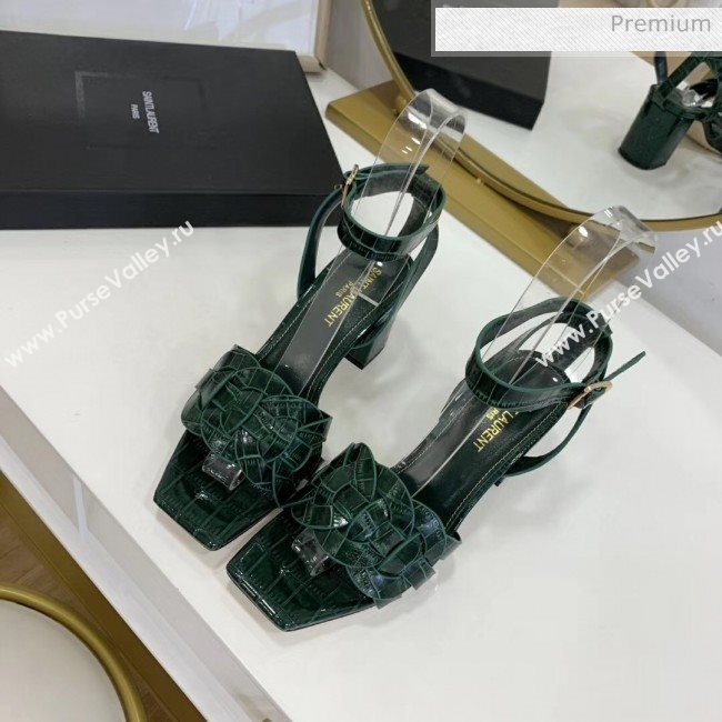 Saint Laurent Crocodile Print Calfskin Sandal With 6.5cm Heel Green 2020 (ME-20042012)