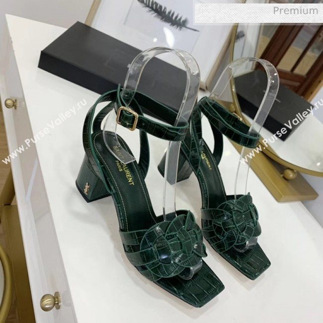 Saint Laurent Crocodile Print Calfskin Sandal With 6.5cm Heel Green 2020 (ME-20042012)
