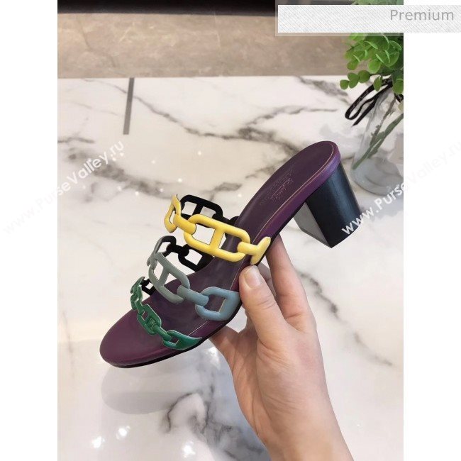  Hermes  Leather &quot;Chaine dAncre&quot; Tandem Sandal With 5cm Heel Purple/Yellow 2020 (ME-20042040)