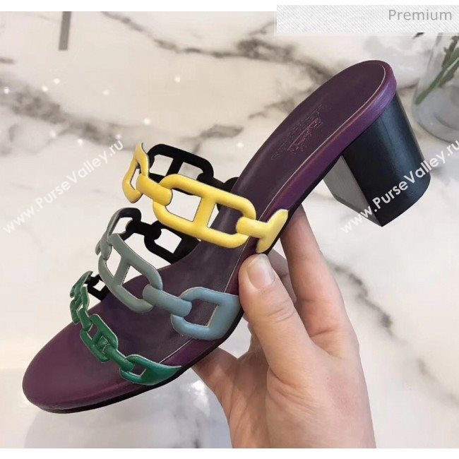  Hermes  Leather &quot;Chaine dAncre&quot; Tandem Sandal With 5cm Heel Purple/Yellow 2020 (ME-20042040)