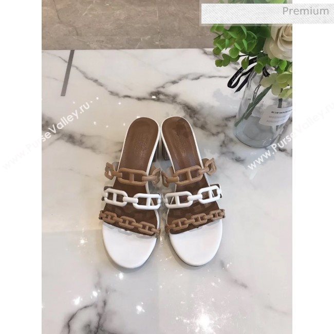 Hermes Leather &quot;Chaine dAncre&quot; Tandem Sandal With 5cm Heel White/Brown 2020 (ME-20042042)