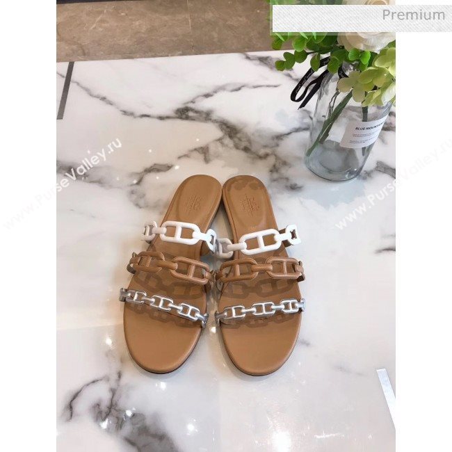 Hermes Leather &quot;Chaine dAncre&quot; Flat Sandal White/Brown 2020 (ME-20042044)