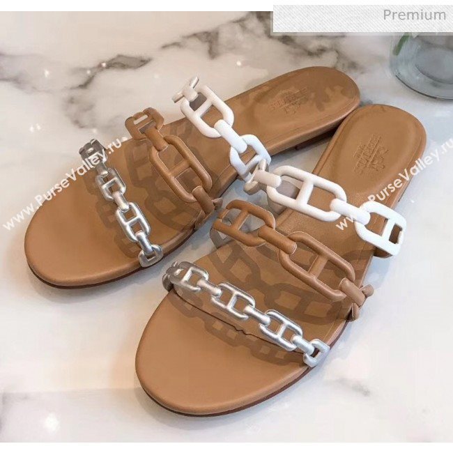 Hermes Leather &quot;Chaine dAncre&quot; Flat Sandal White/Brown 2020 (ME-20042044)