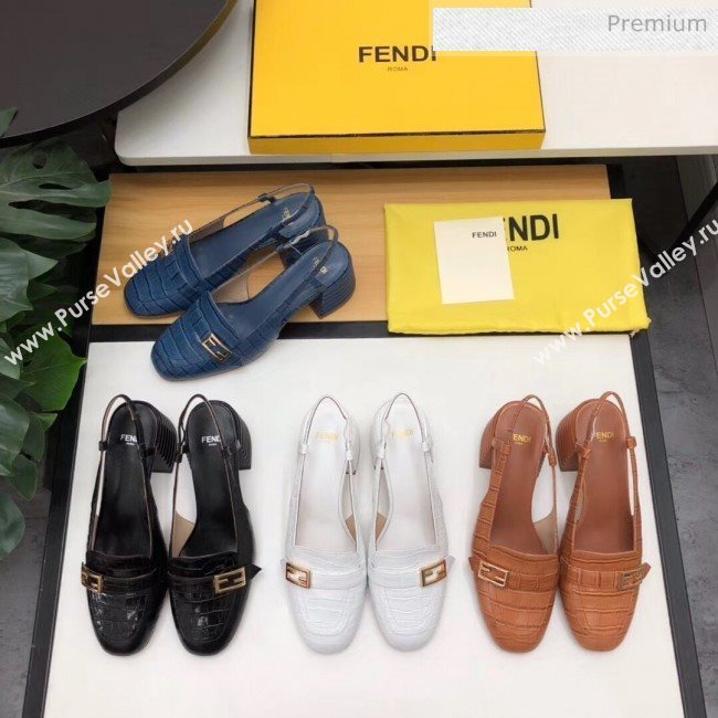 Fendi Crocodile Pattern Calfskin Promenade Slingbacks Loafers With 6cm Heel White 2020 (MD-20042310)