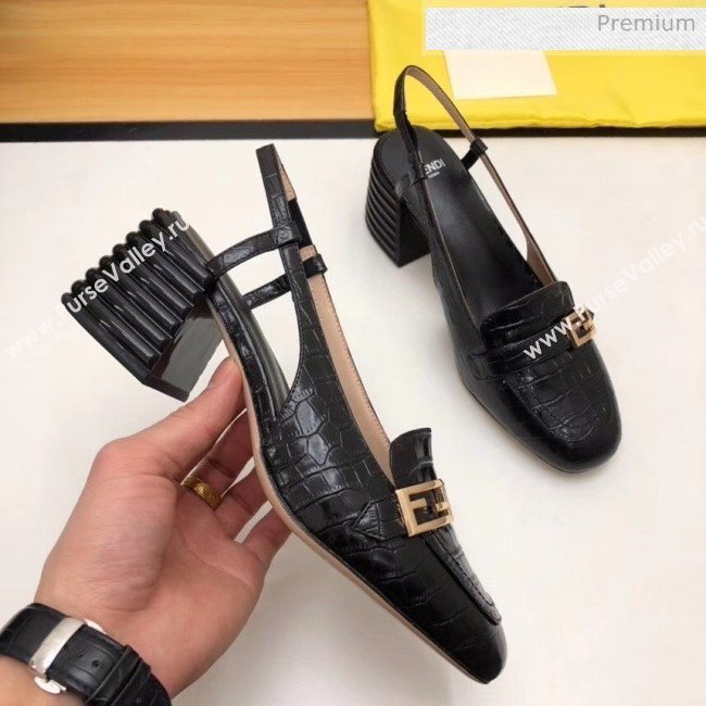 Fendi Crocodile Pattern Calfskin Promenade Slingbacks Loafers With 6cm Heel Black 2020 (MD-20042311)