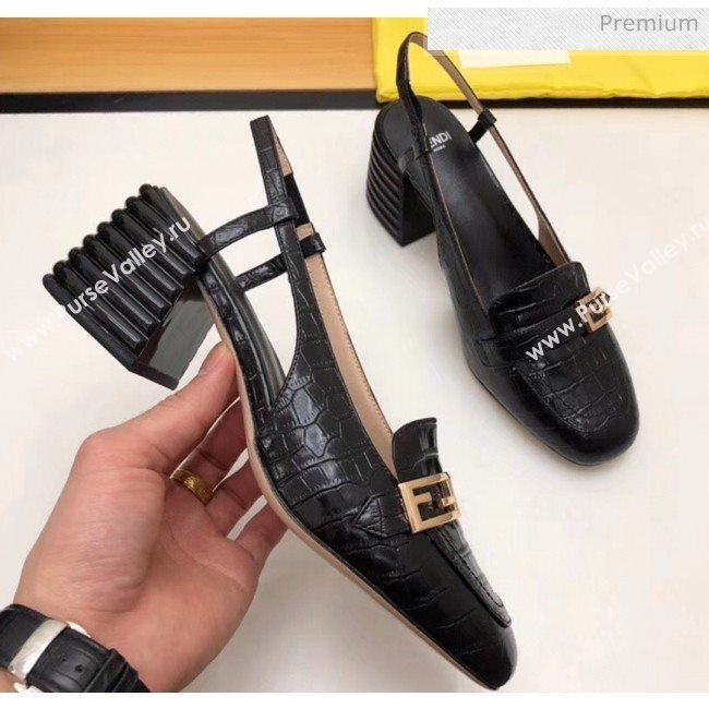 Fendi Crocodile Pattern Calfskin Promenade Slingbacks Loafers With 6cm Heel Black 2020 (MD-20042311)