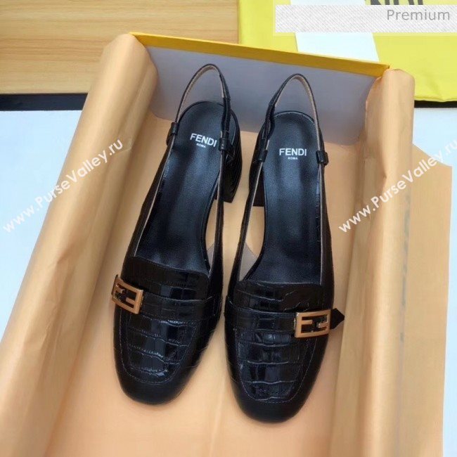 Fendi Crocodile Pattern Calfskin Promenade Slingbacks Loafers With 6cm Heel Black 2020 (MD-20042311)