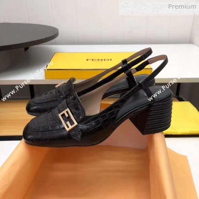 Fendi Crocodile Pattern Calfskin Promenade Slingbacks Loafers With 6cm Heel Black 2020 (MD-20042311)