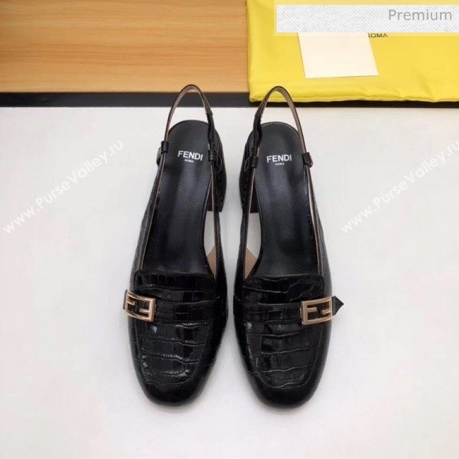 Fendi Crocodile Pattern Calfskin Promenade Slingbacks Loafers With 6cm Heel Black 2020 (MD-20042311)