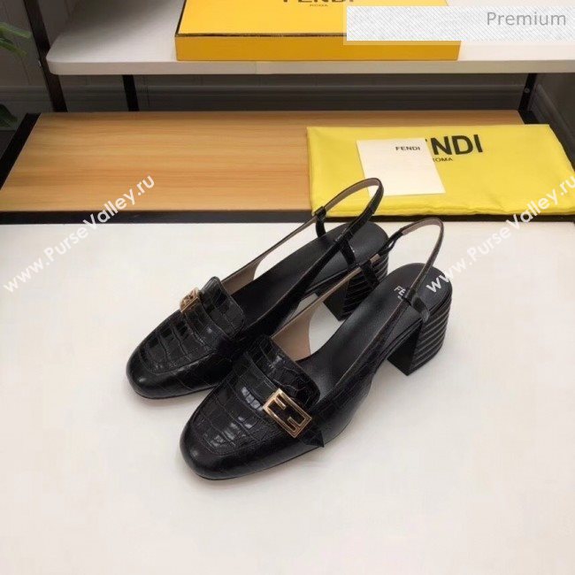 Fendi Crocodile Pattern Calfskin Promenade Slingbacks Loafers With 6cm Heel Black 2020 (MD-20042311)