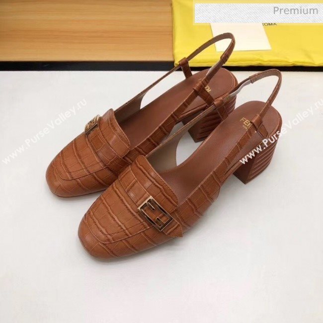 Fendi Crocodile Pattern Calfskin Promenade Slingbacks Loafers With 6cm Heel Brown 2020 (MD-20042312)