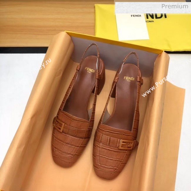 Fendi Crocodile Pattern Calfskin Promenade Slingbacks Loafers With 6cm Heel Brown 2020 (MD-20042312)