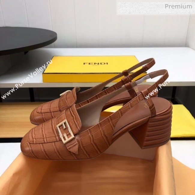 Fendi Crocodile Pattern Calfskin Promenade Slingbacks Loafers With 6cm Heel Brown 2020 (MD-20042312)