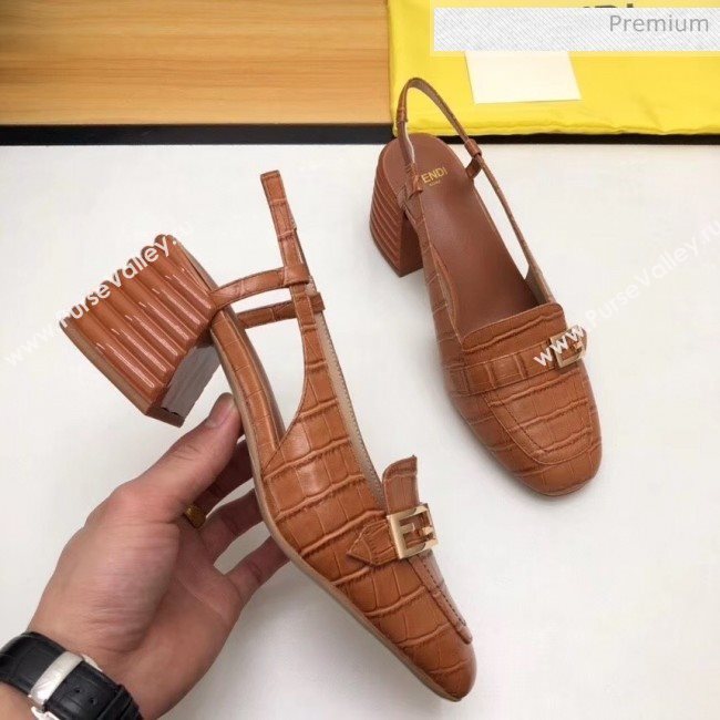 Fendi Crocodile Pattern Calfskin Promenade Slingbacks Loafers With 6cm Heel Brown 2020 (MD-20042312)