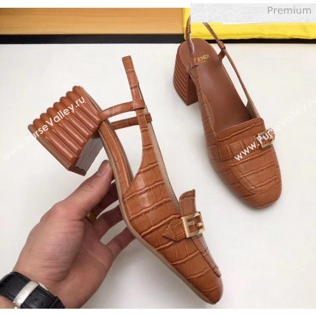 Fendi Crocodile Pattern Calfskin Promenade Slingbacks Loafers With 6cm Heel Brown 2020 (MD-20042312)