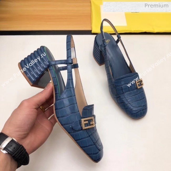 Fendi Crocodile Pattern Calfskin Promenade Slingbacks Loafers With 6cm Heel Blue 2020 (MD-20042313)