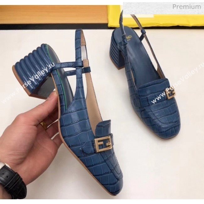 Fendi Crocodile Pattern Calfskin Promenade Slingbacks Loafers With 6cm Heel Blue 2020 (MD-20042313)