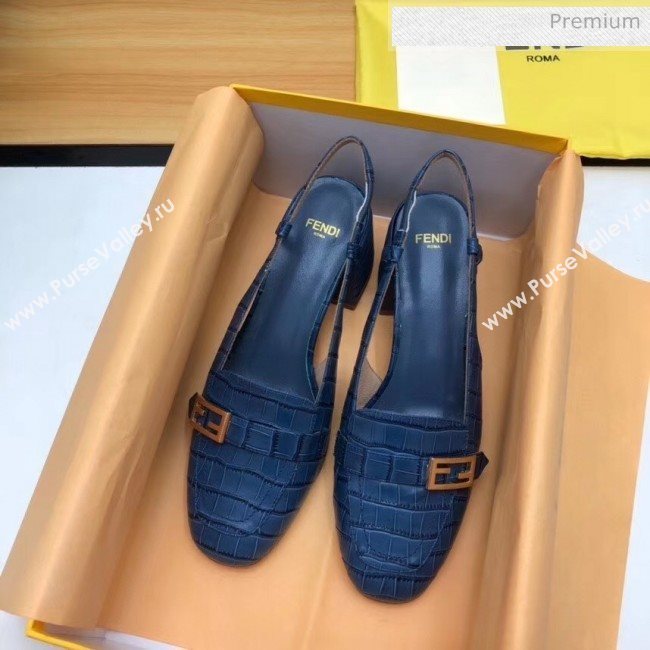 Fendi Crocodile Pattern Calfskin Promenade Slingbacks Loafers With 6cm Heel Blue 2020 (MD-20042313)