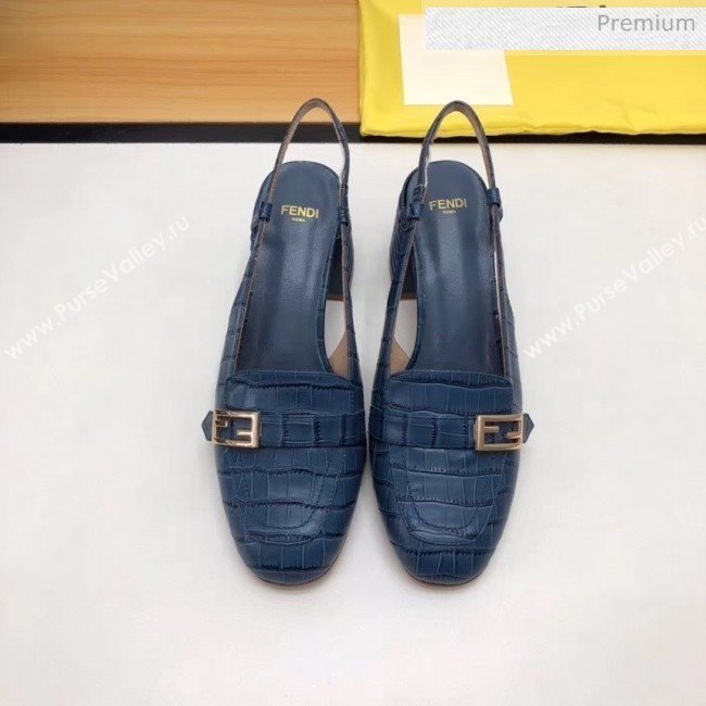 Fendi Crocodile Pattern Calfskin Promenade Slingbacks Loafers With 6cm Heel Blue 2020 (MD-20042313)