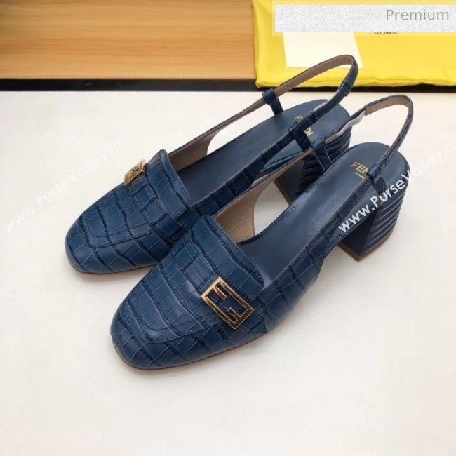 Fendi Crocodile Pattern Calfskin Promenade Slingbacks Loafers With 6cm Heel Blue 2020 (MD-20042313)