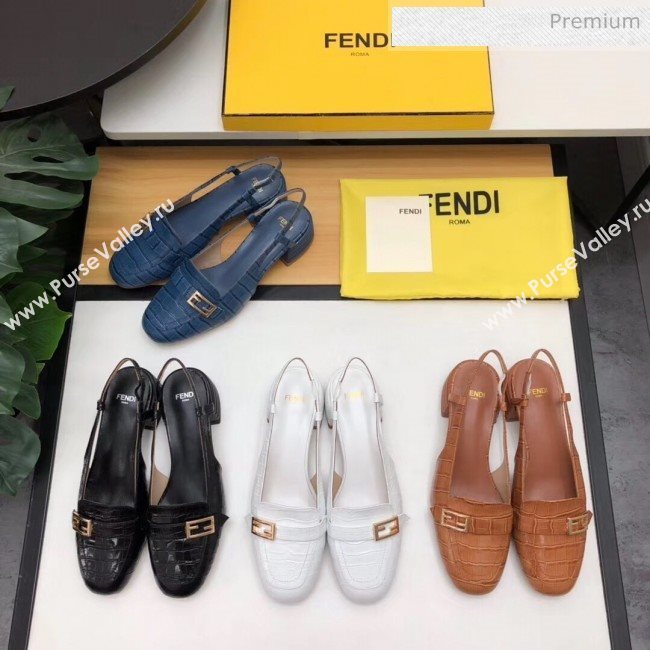 Fendi Crocodile Pattern Calfskin Promenade Slingbacks Loafers With 4cm Heel White 2020 (MD-20042314)