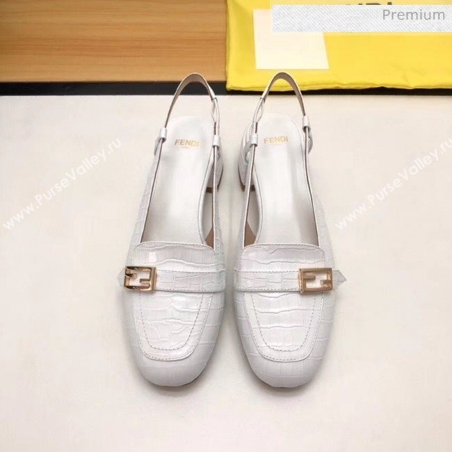 Fendi Crocodile Pattern Calfskin Promenade Slingbacks Loafers With 4cm Heel White 2020 (MD-20042314)