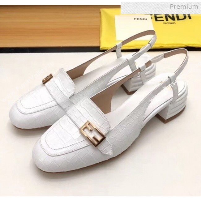 Fendi Crocodile Pattern Calfskin Promenade Slingbacks Loafers With 4cm Heel White 2020 (MD-20042314)