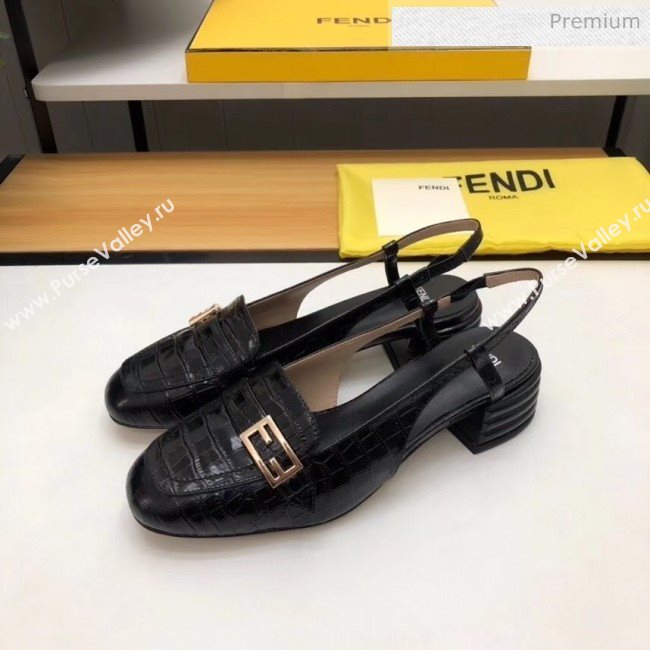 Fendi Crocodile Pattern Calfskin Promenade Slingbacks Loafers With 4cm Heel Black 2020 (MD-20042315)