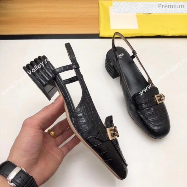 Fendi Crocodile Pattern Calfskin Promenade Slingbacks Loafers With 4cm Heel Black 2020 (MD-20042315)