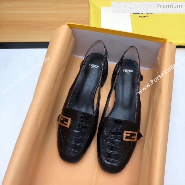 Fendi Crocodile Pattern Calfskin Promenade Slingbacks Loafers With 4cm Heel Black 2020 (MD-20042315)