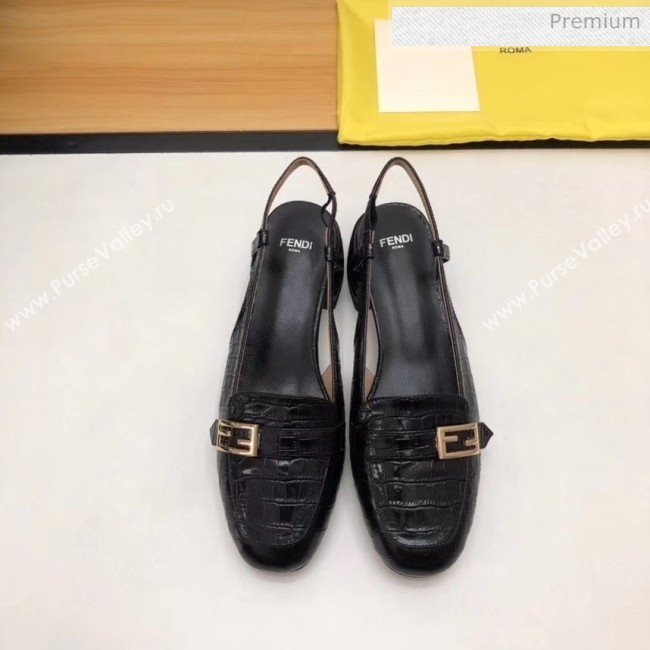 Fendi Crocodile Pattern Calfskin Promenade Slingbacks Loafers With 4cm Heel Black 2020 (MD-20042315)