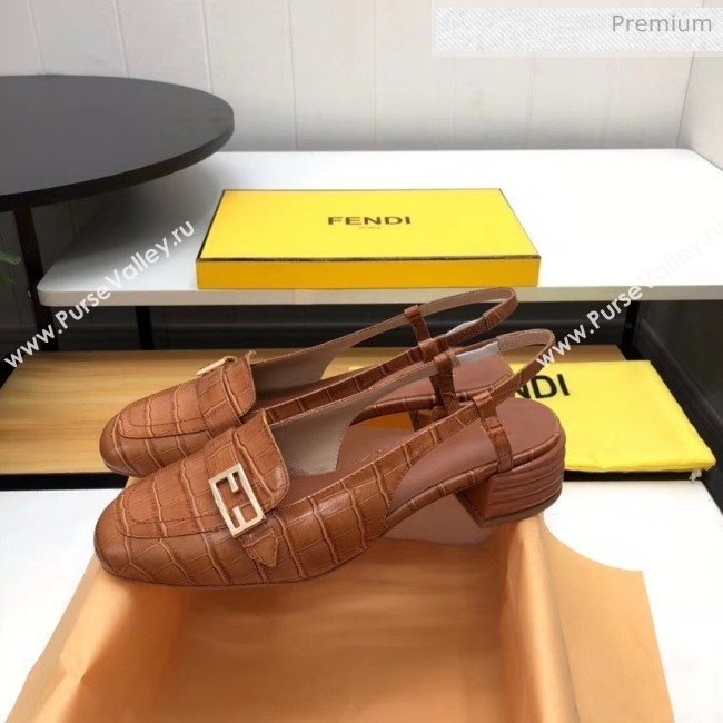 Fendi Crocodile Pattern Calfskin Promenade Slingbacks Loafers With 4cm Heel Brown 2020 (MD-20042317)