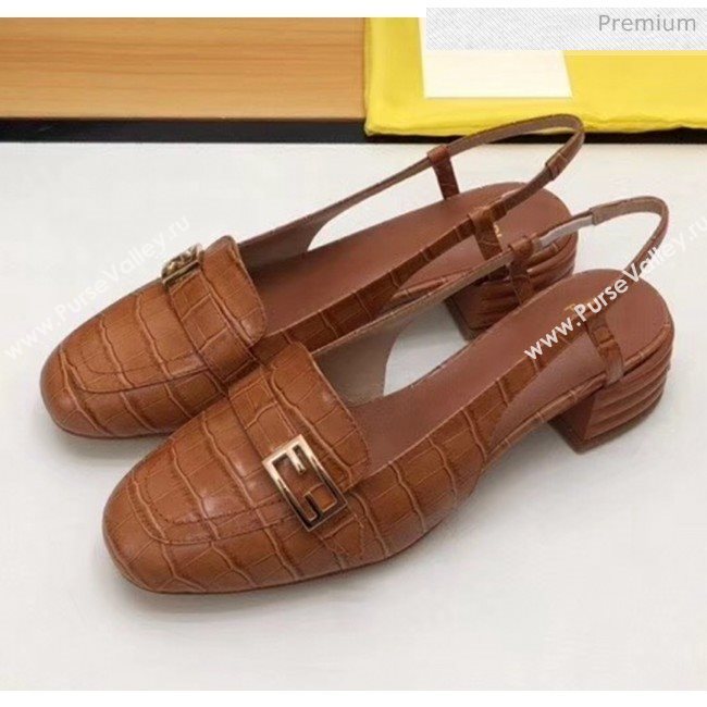 Fendi Crocodile Pattern Calfskin Promenade Slingbacks Loafers With 4cm Heel Brown 2020 (MD-20042317)