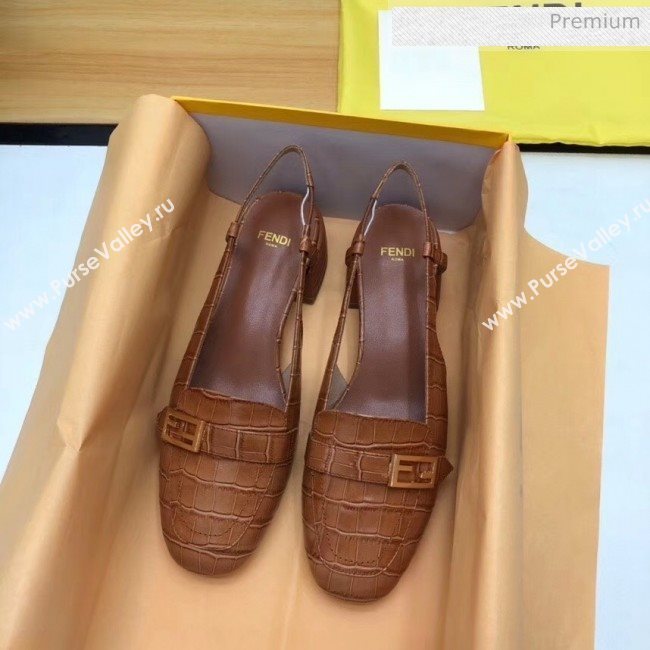 Fendi Crocodile Pattern Calfskin Promenade Slingbacks Loafers With 4cm Heel Brown 2020 (MD-20042317)