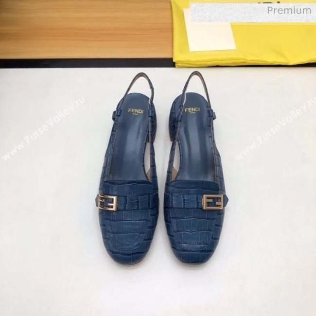 Fendi Crocodile Pattern Calfskin Promenade Slingbacks Loafers With 4cm Heel Blue 2020 (MD-20042316)