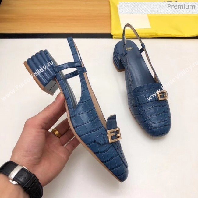 Fendi Crocodile Pattern Calfskin Promenade Slingbacks Loafers With 4cm Heel Blue 2020 (MD-20042316)