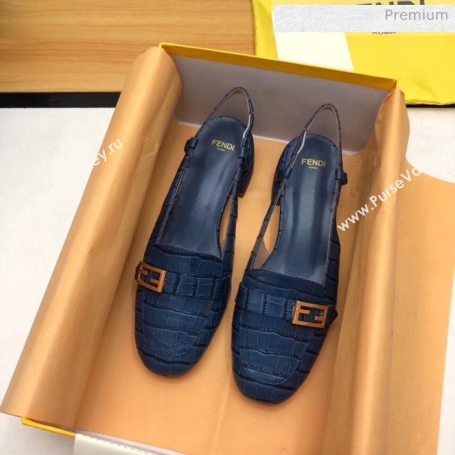 Fendi Crocodile Pattern Calfskin Promenade Slingbacks Loafers With 4cm Heel Blue 2020 (MD-20042316)