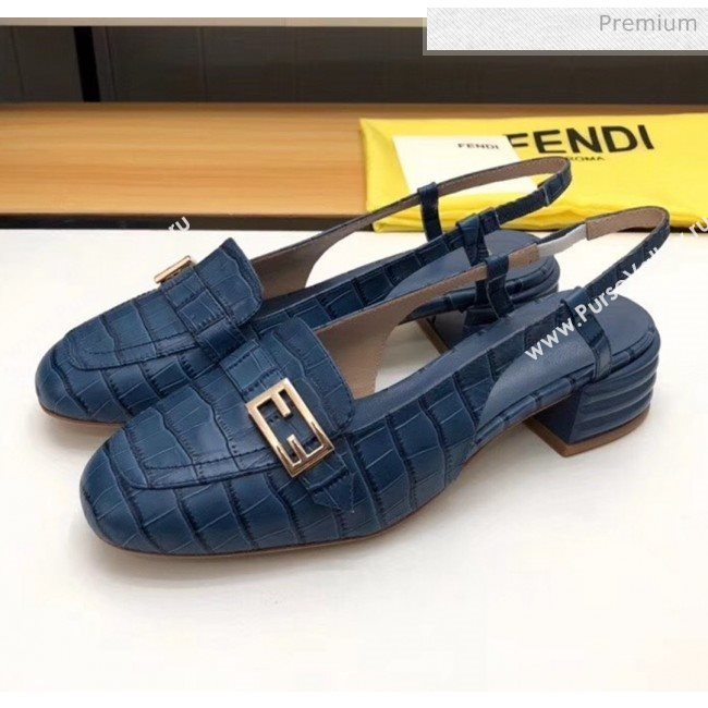 Fendi Crocodile Pattern Calfskin Promenade Slingbacks Loafers With 4cm Heel Blue 2020 (MD-20042316)