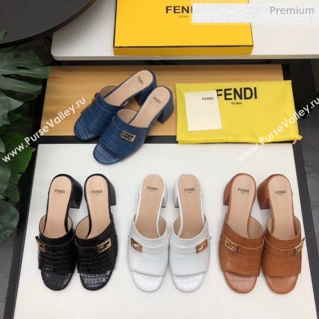 Fendi Crocodile Pattern Calfskin Promenade Slides Sandals With 6cm Heel Blue 2020 (MD-20042321)