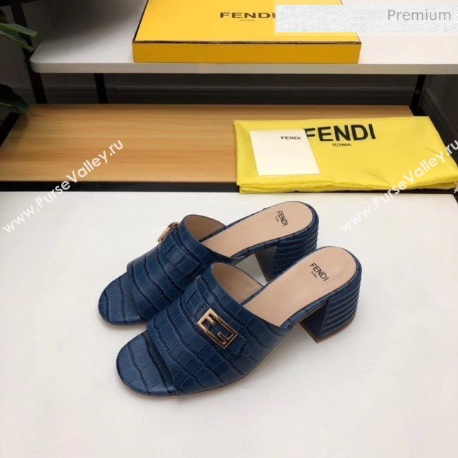 Fendi Crocodile Pattern Calfskin Promenade Slides Sandals With 6cm Heel Blue 2020 (MD-20042321)
