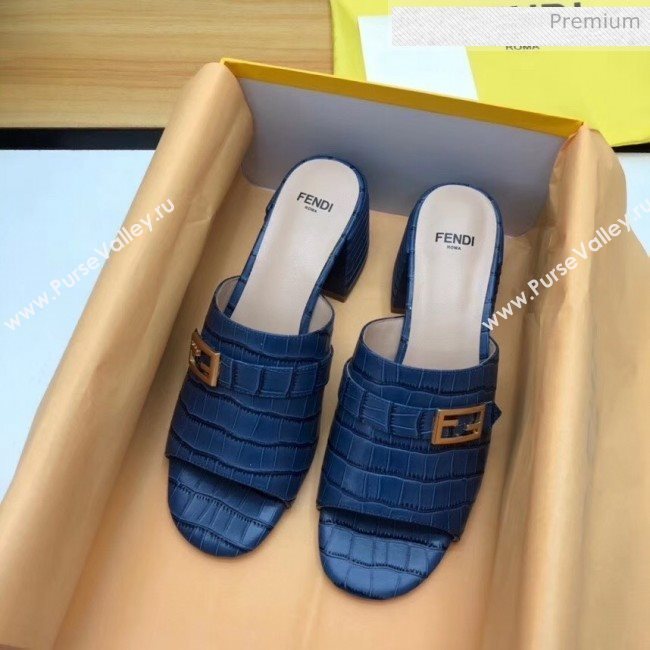 Fendi Crocodile Pattern Calfskin Promenade Slides Sandals With 6cm Heel Blue 2020 (MD-20042321)